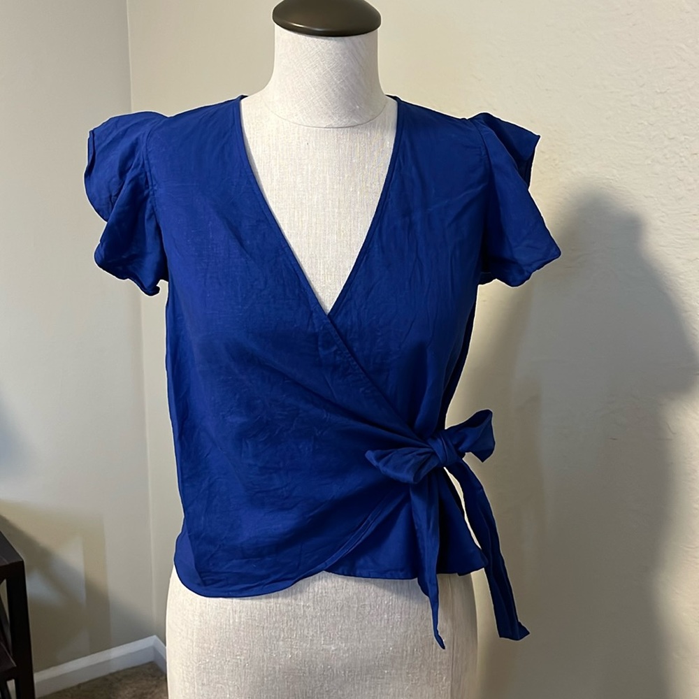 Ann Taylor Faux Wrap Linen Blouse with Bow